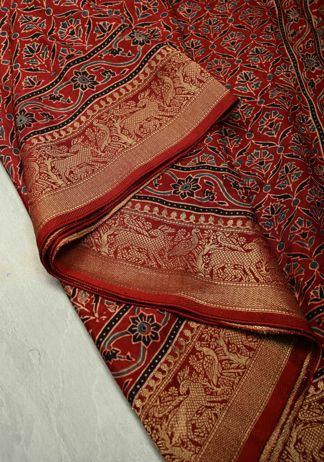 Maroon Dola Silk Saree with Hand Block Print and Shikargah Fancy Zari Border
