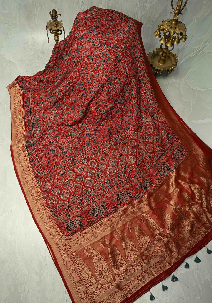 Maroon Dola Silk Saree with Hand Block Print and Shikargah Fancy Zari Border