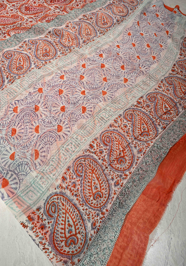 White Georgette Saree with Sanganeri Hand Block Print