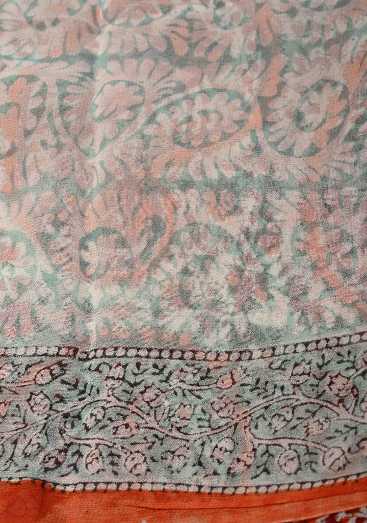 White Georgette Saree with Sanganeri Hand Block Print