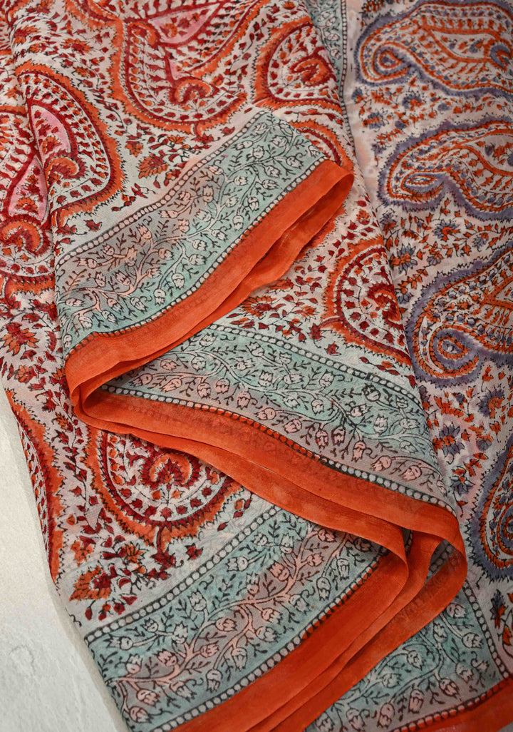 White Georgette Saree with Sanganeri Hand Block Print