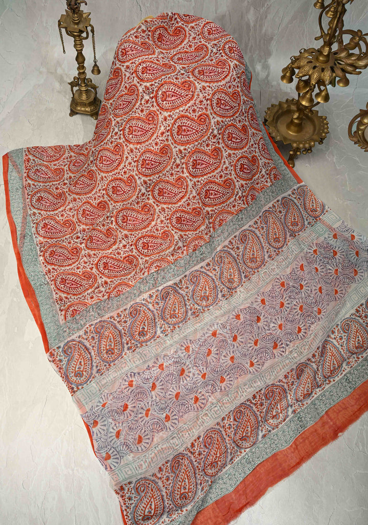 White Georgette Saree with Sanganeri Hand Block Print