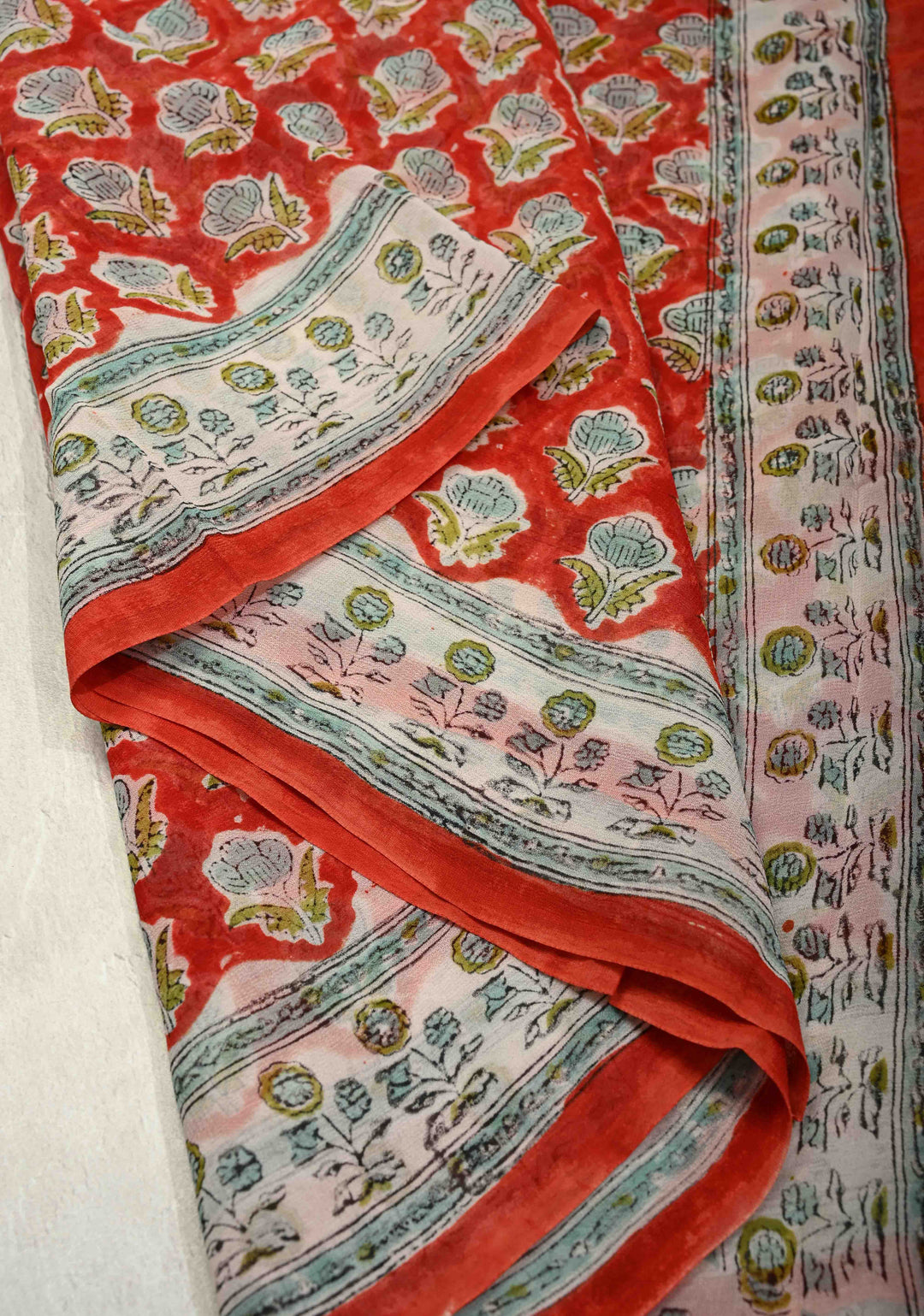 Brick Red Georgette Saree with Sanganeri Hand Block Print