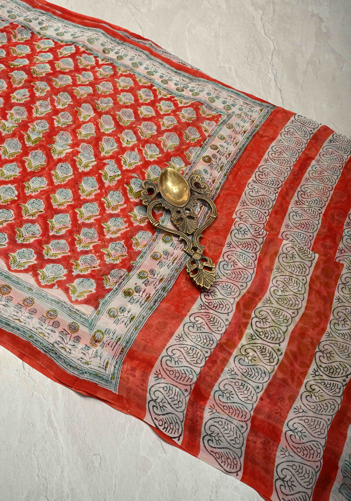 Brick Red Georgette Saree with Sanganeri Hand Block Print