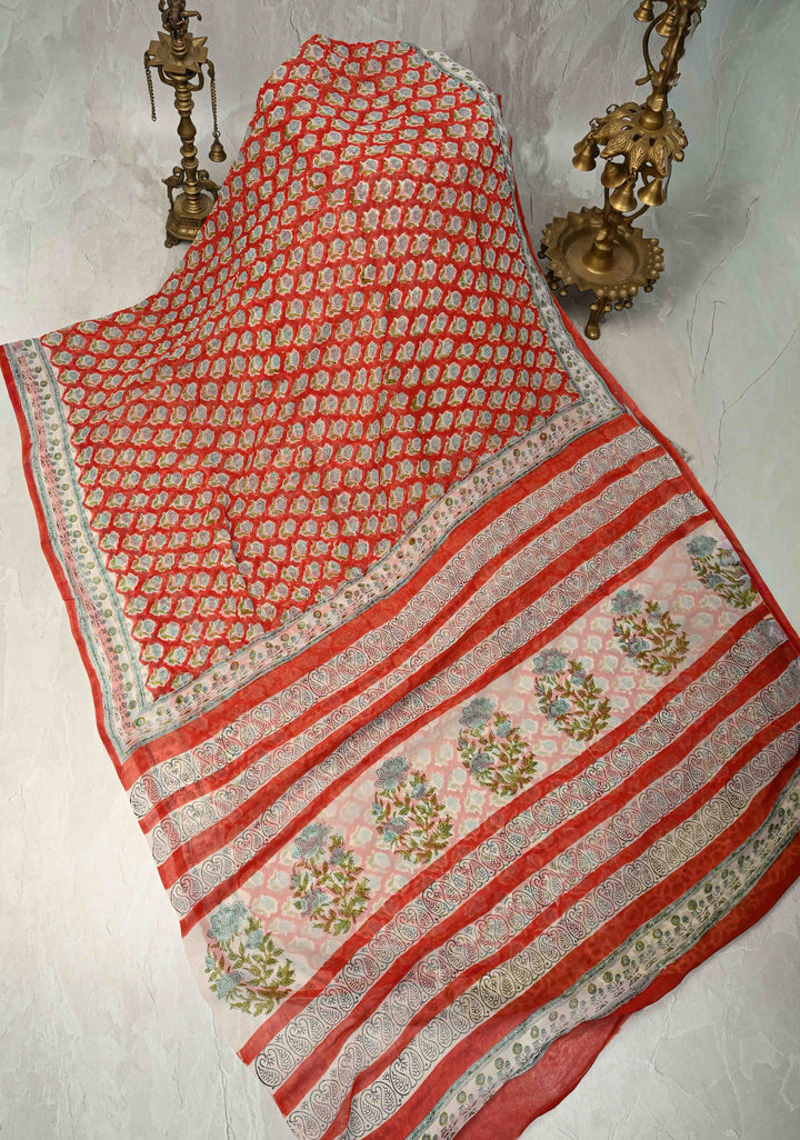 Brick Red Georgette Saree with Sanganeri Hand Block Print
