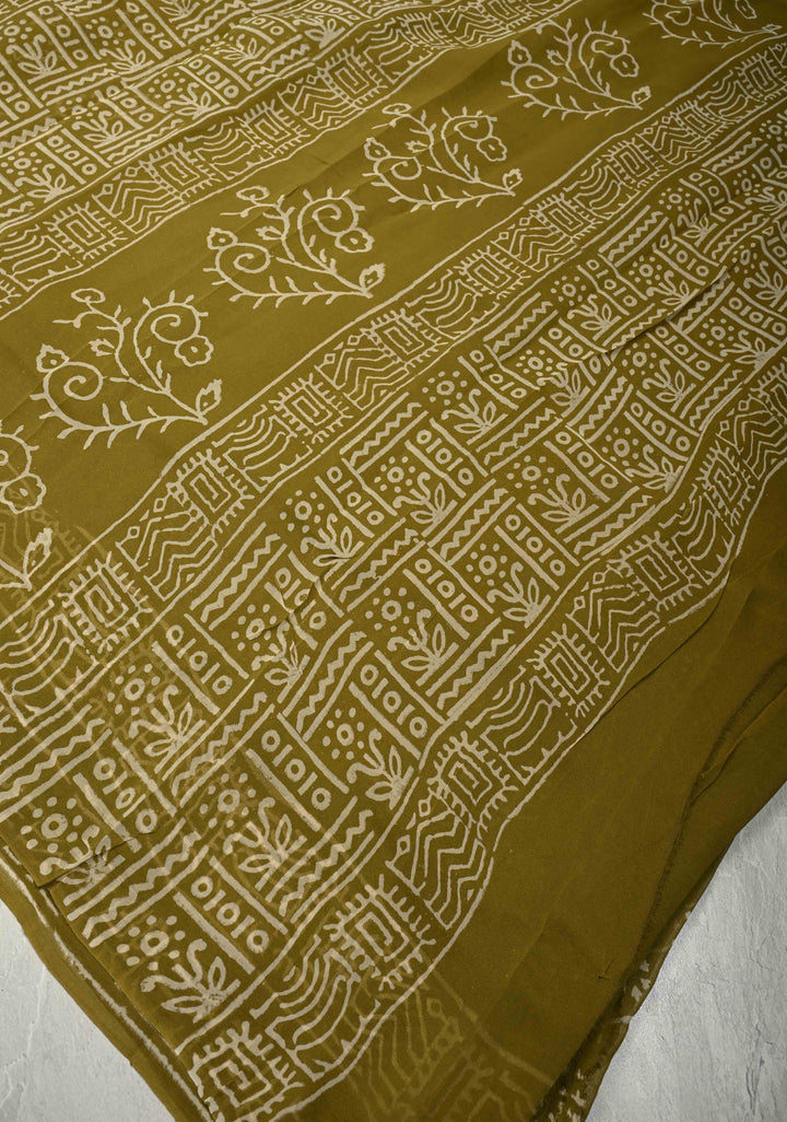 Ollive Green Georgette Saree with Sanganeri Hand Block Print