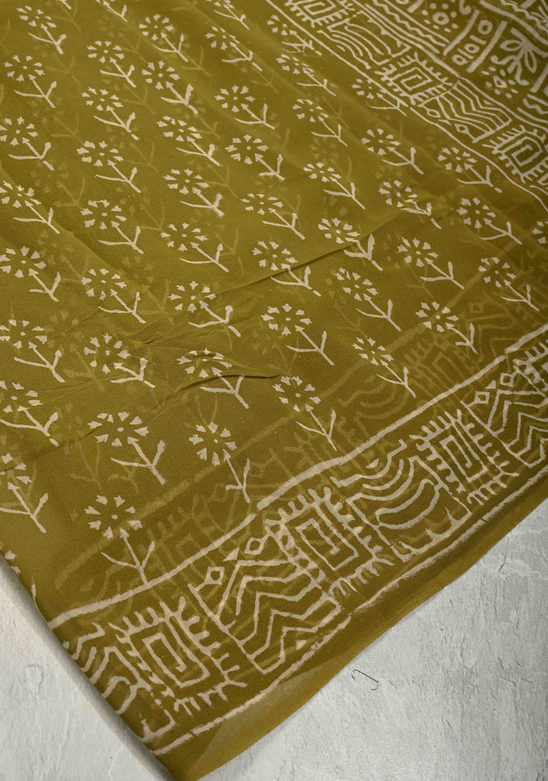 Ollive Green Georgette Saree with Sanganeri Hand Block Print