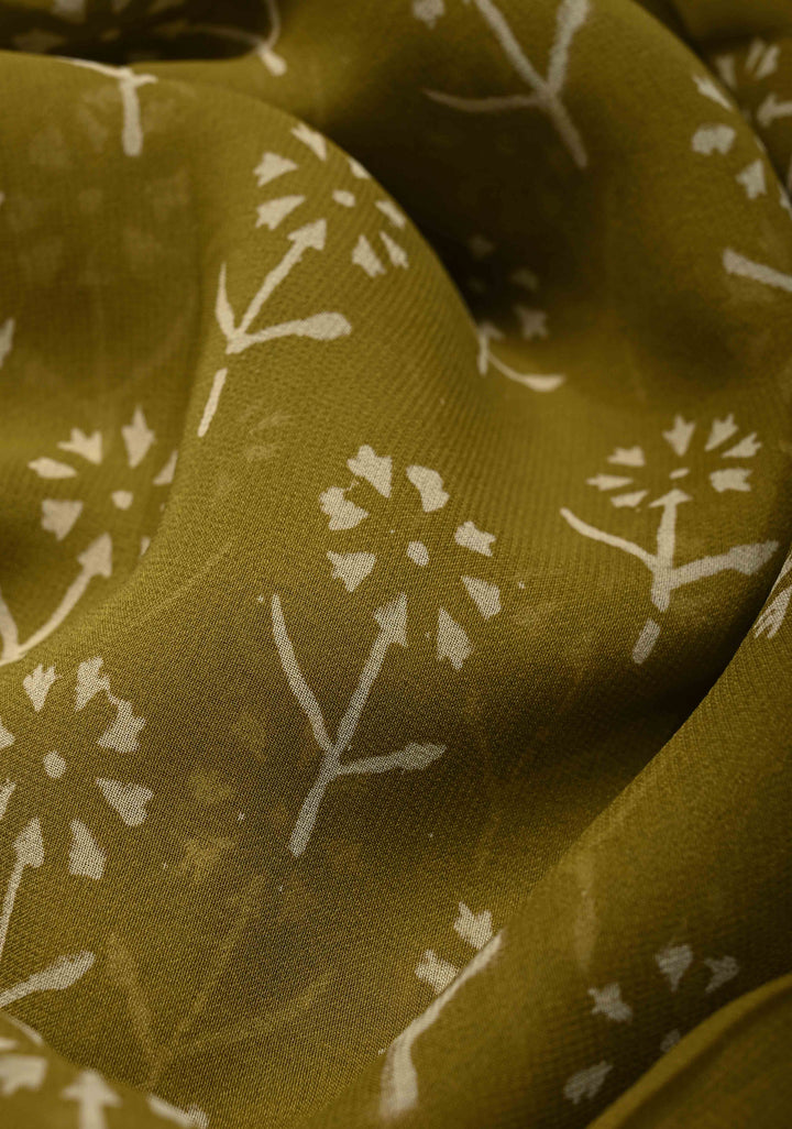 Ollive Green Georgette Saree with Sanganeri Hand Block Print