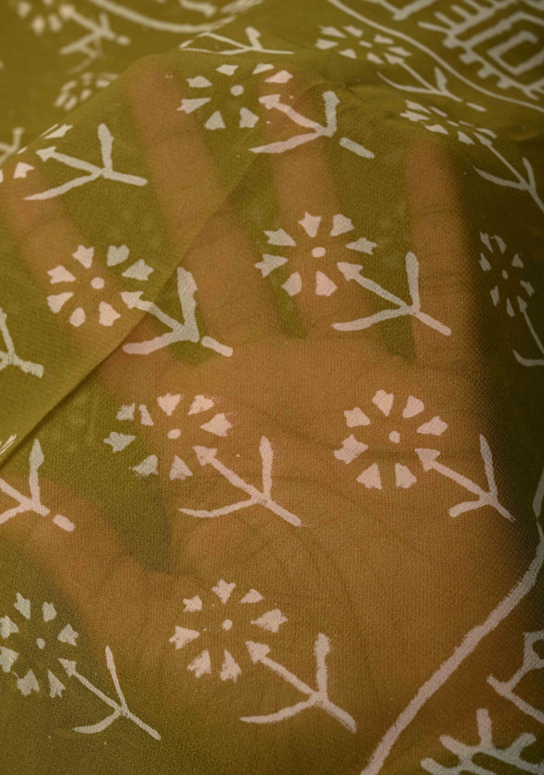 Ollive Green Georgette Saree with Sanganeri Hand Block Print