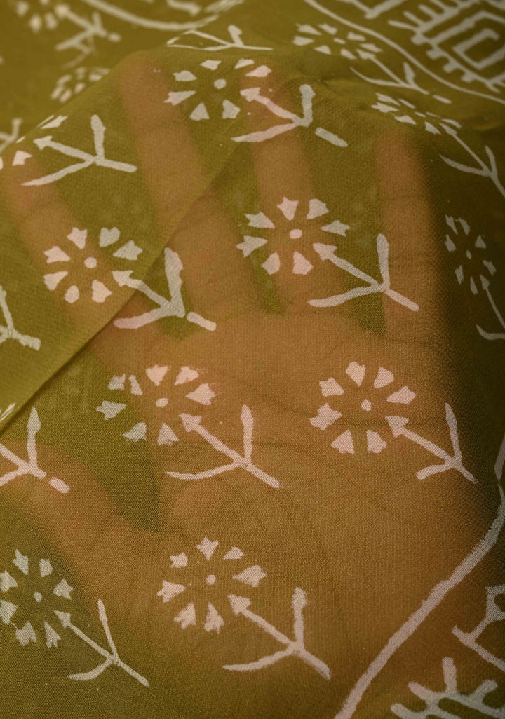Ollive Green Georgette Saree with Sanganeri Hand Block Print