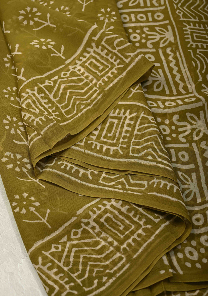 Ollive Green Georgette Saree with Sanganeri Hand Block Print