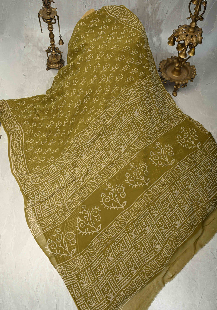 Ollive Green Georgette Saree with Sanganeri Hand Block Print