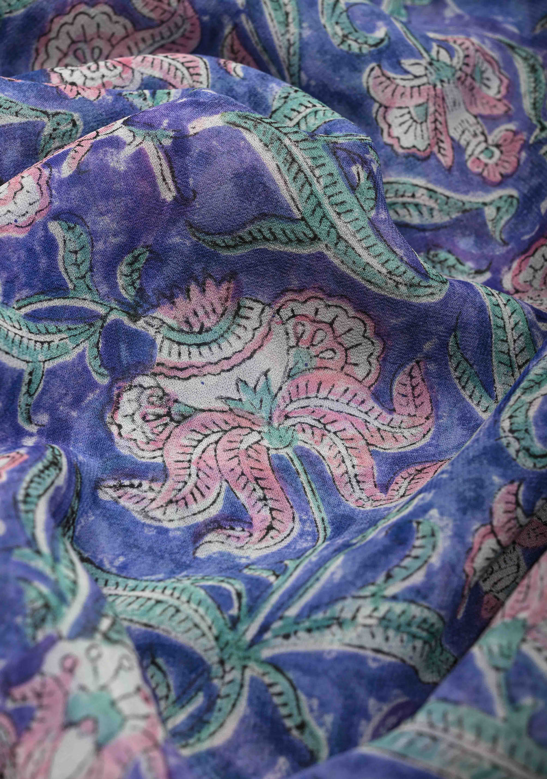 Blue Georgette Saree with Sanganeri Hand Block Print