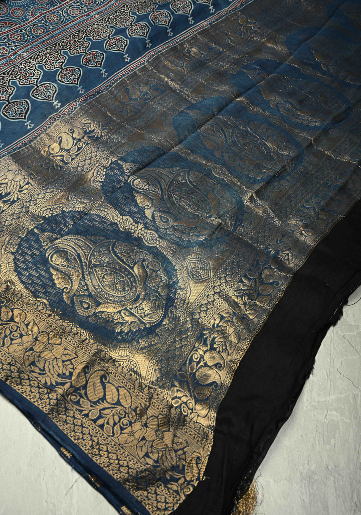Indigo Ajrakh Hand Block Print on Dola Silk Saree with Fancy Zari Border