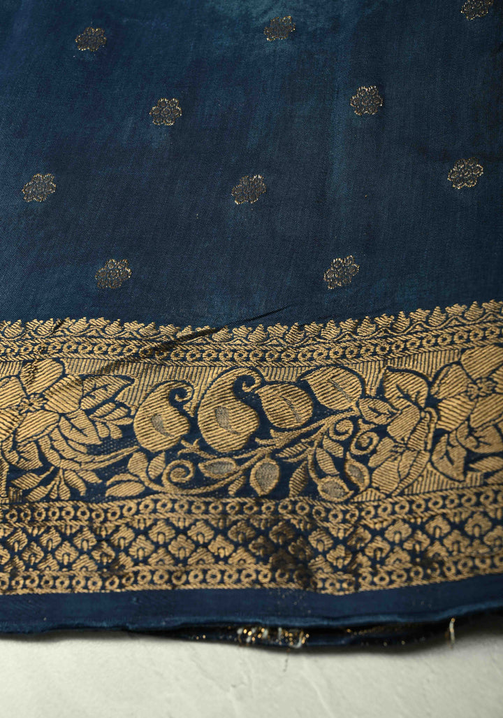Indigo Ajrakh Hand Block Print on Dola Silk Saree with Fancy Zari Border