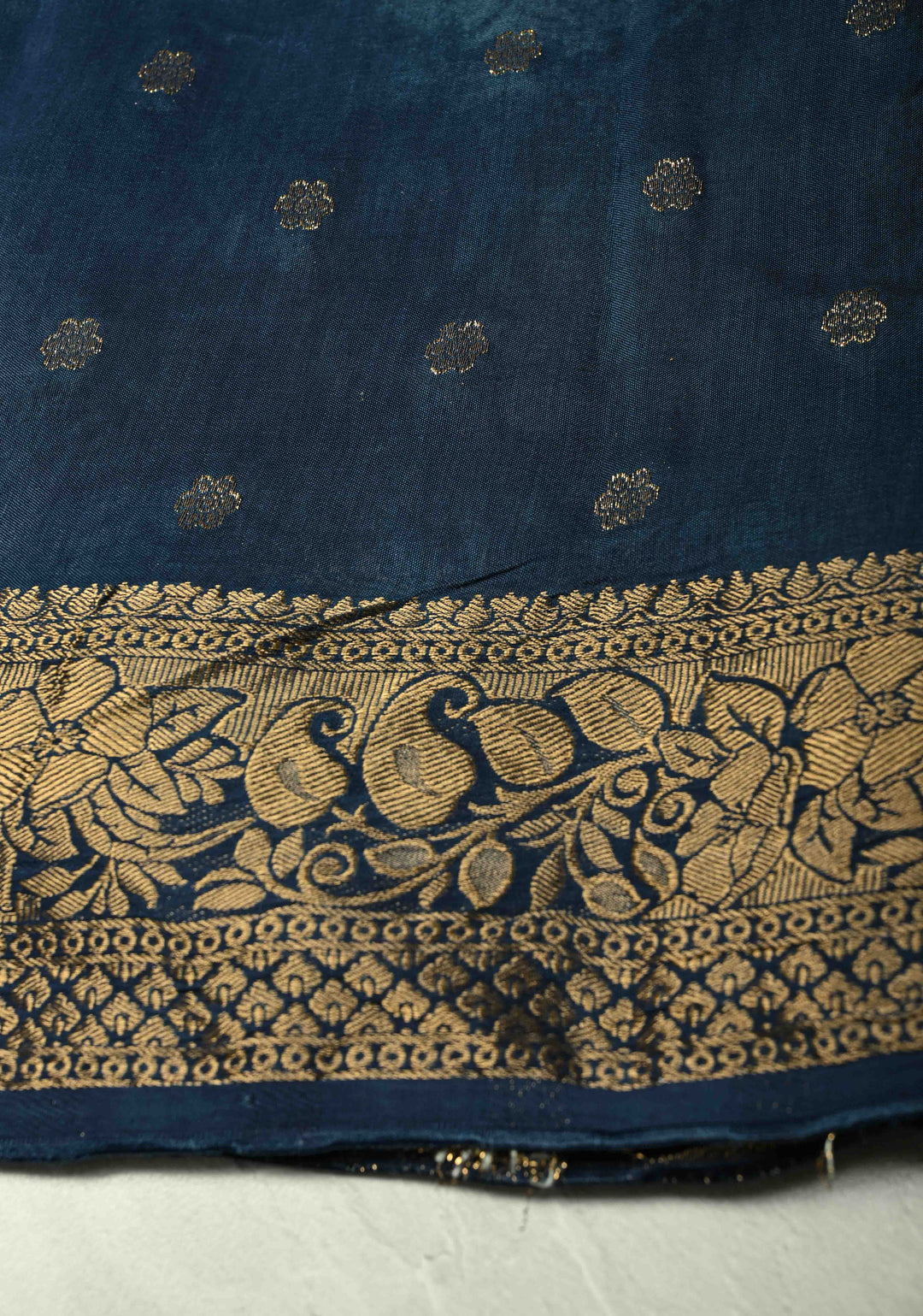 Indigo Ajrakh Hand Block Print on Dola Silk Saree with Fancy Zari Border