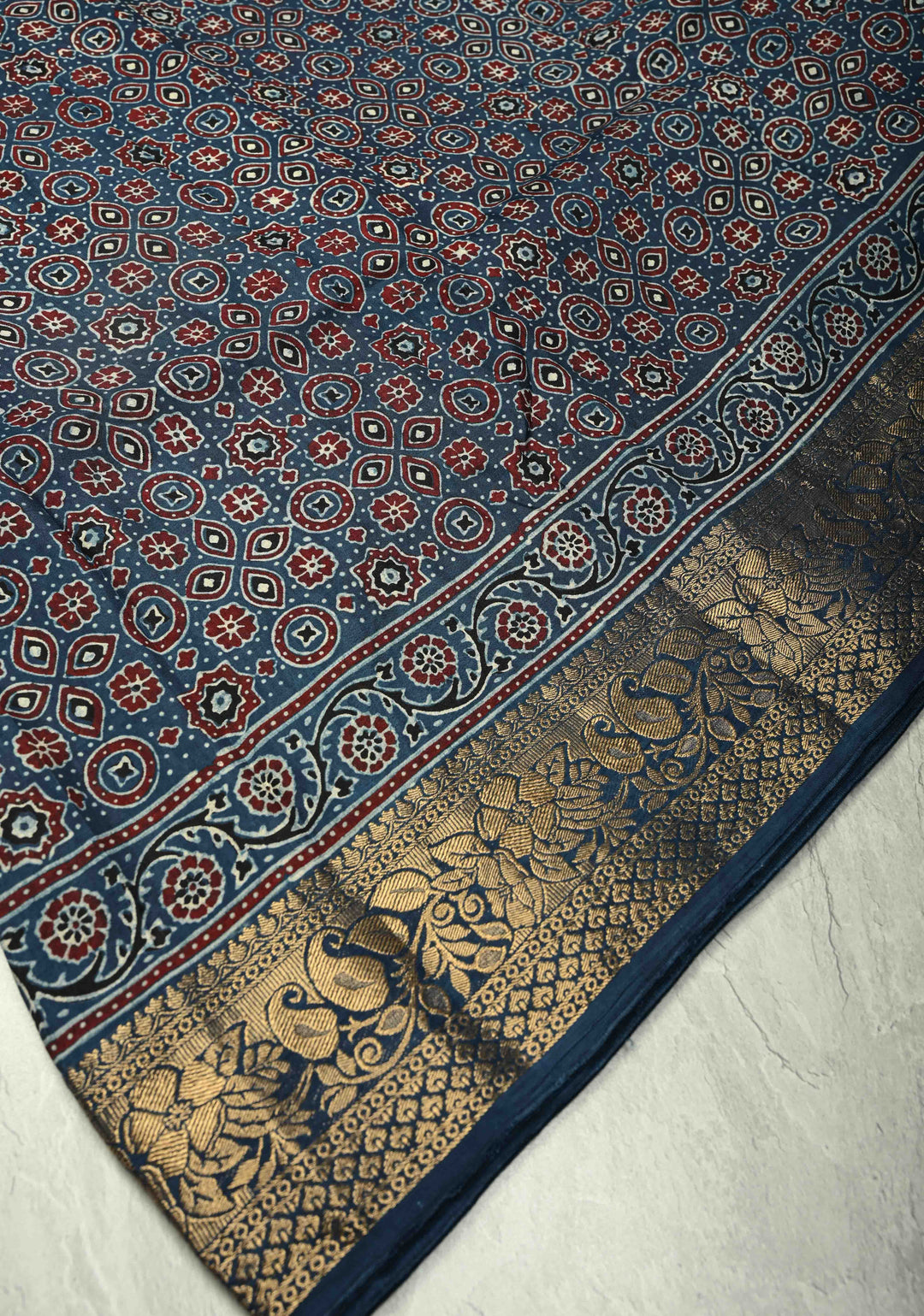 Indigo Ajrakh Hand Block Print on Dola Silk Saree with Fancy Zari Border