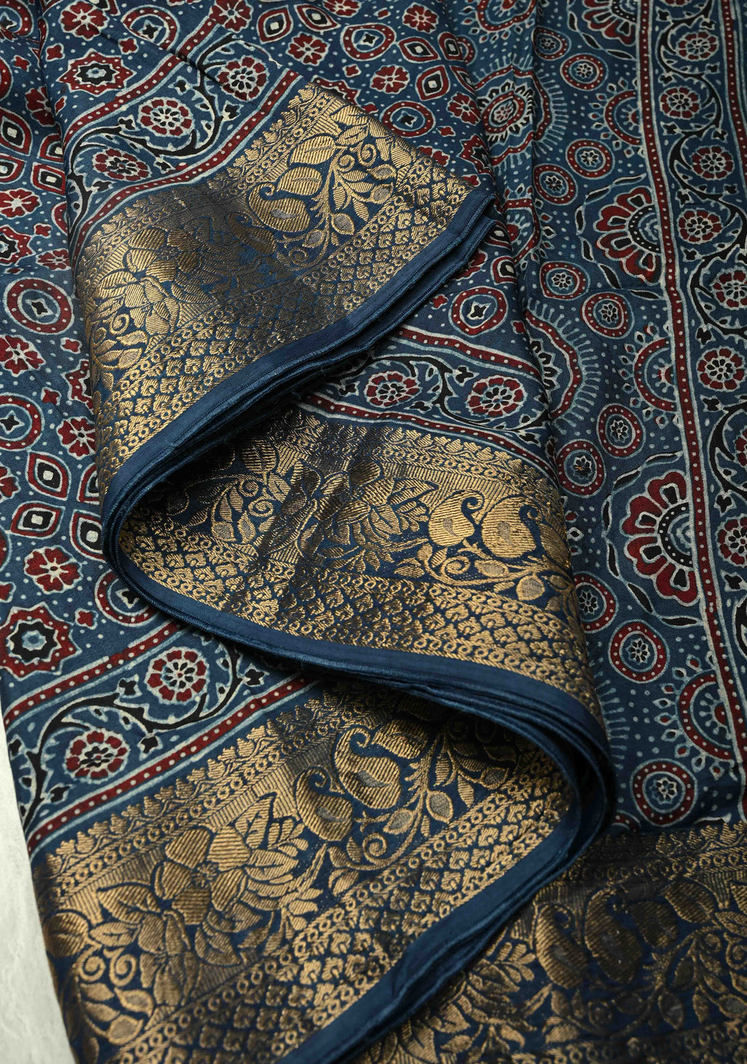 Indigo Ajrakh Hand Block Print on Dola Silk Saree with Fancy Zari Border