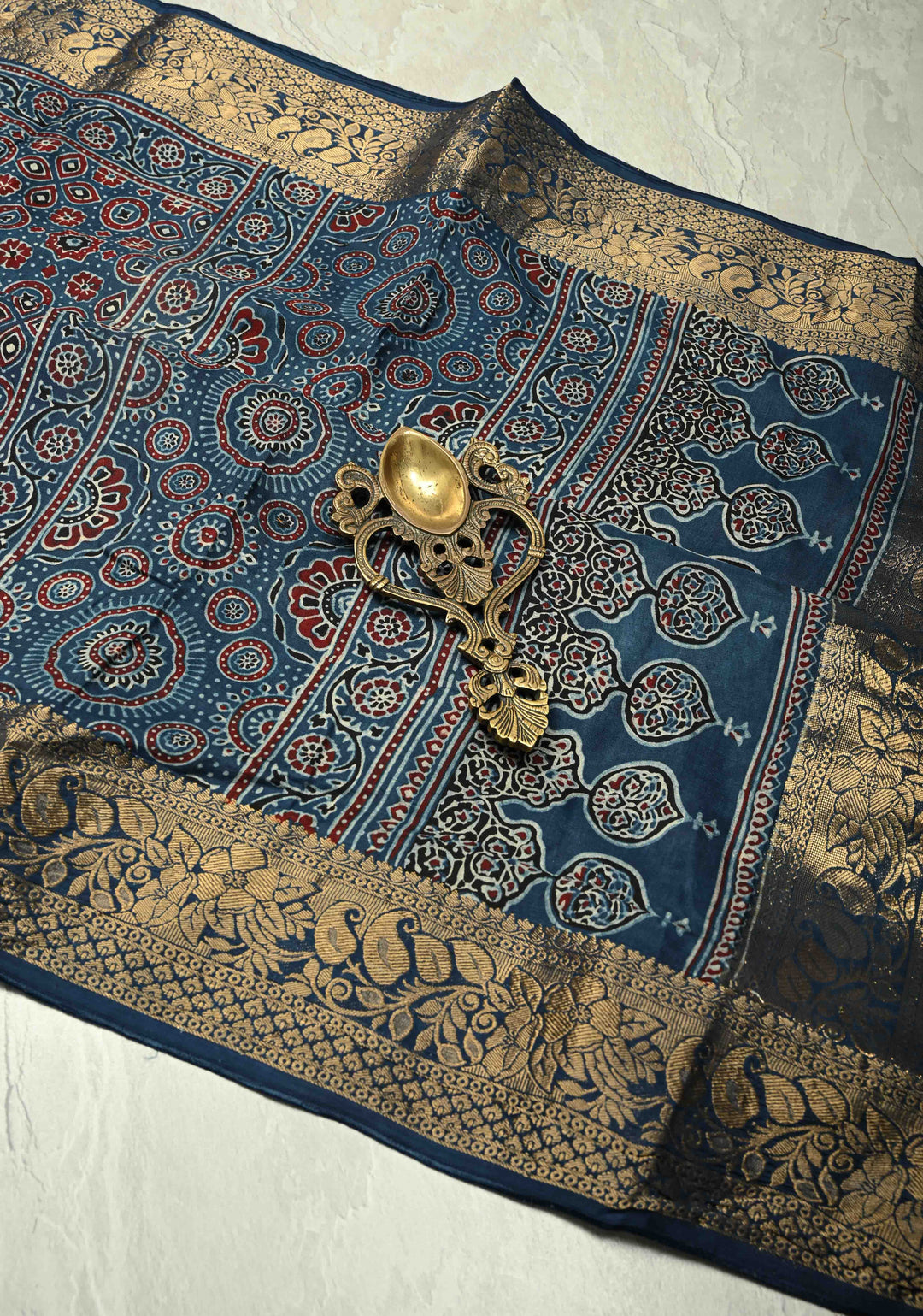 Indigo Ajrakh Hand Block Print on Dola Silk Saree with Fancy Zari Border