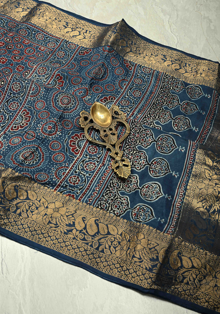Indigo Ajrakh Hand Block Print on Dola Silk Saree with Fancy Zari Border