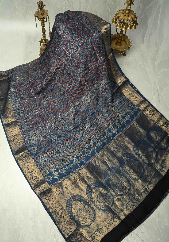 Indigo Ajrakh Hand Block Print on Dola Silk Saree with Fancy Zari Border