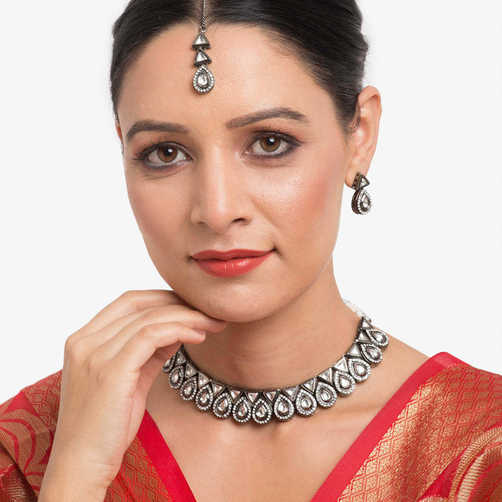Silver Kundan Choker with Earrings and Maang Tikka | SHOBITAM