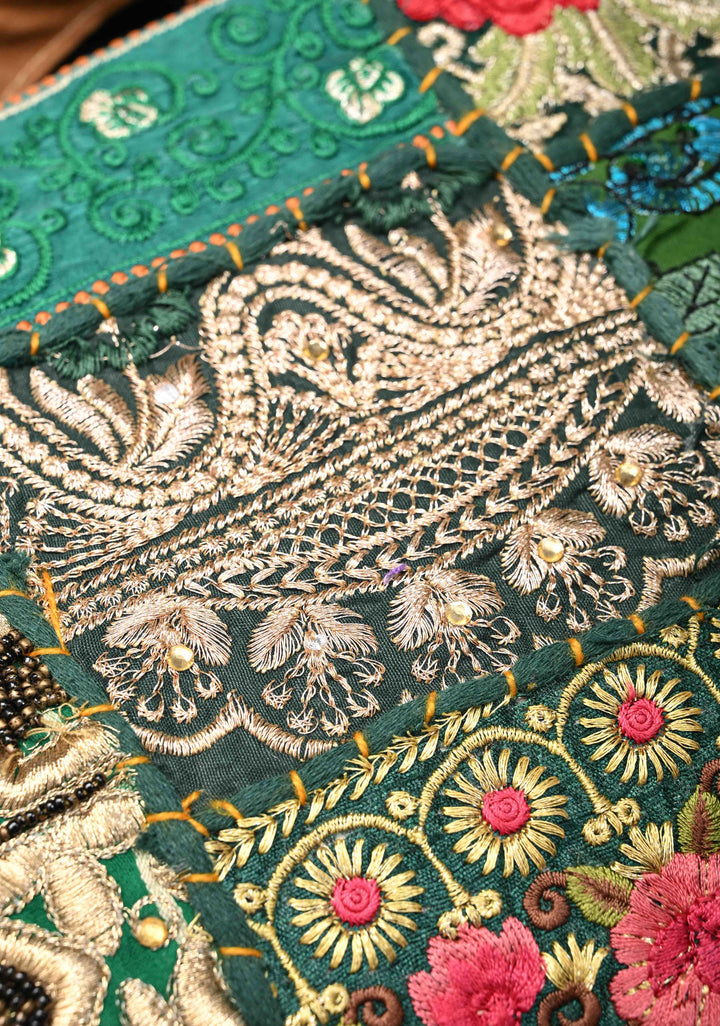 Green Hand-Embraided Ethnic Embellished Banjara Boho Sling Bag with Cowrie Shell