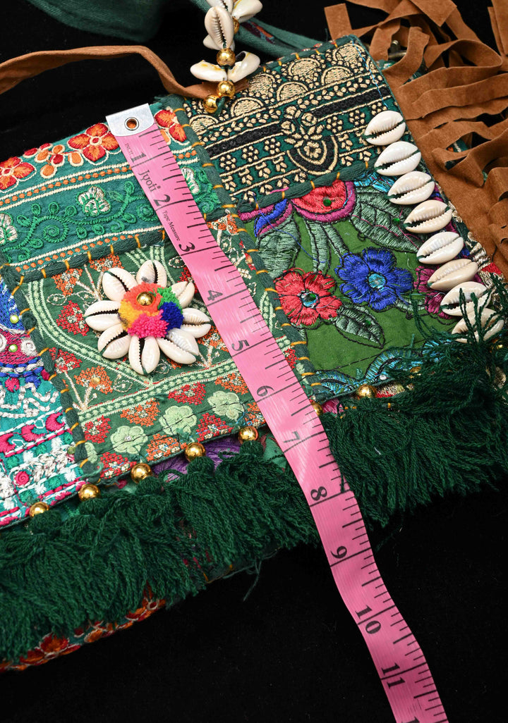 Green Hand-Embraided Ethnic Embellished Banjara Boho Sling Bag with Cowrie Shell