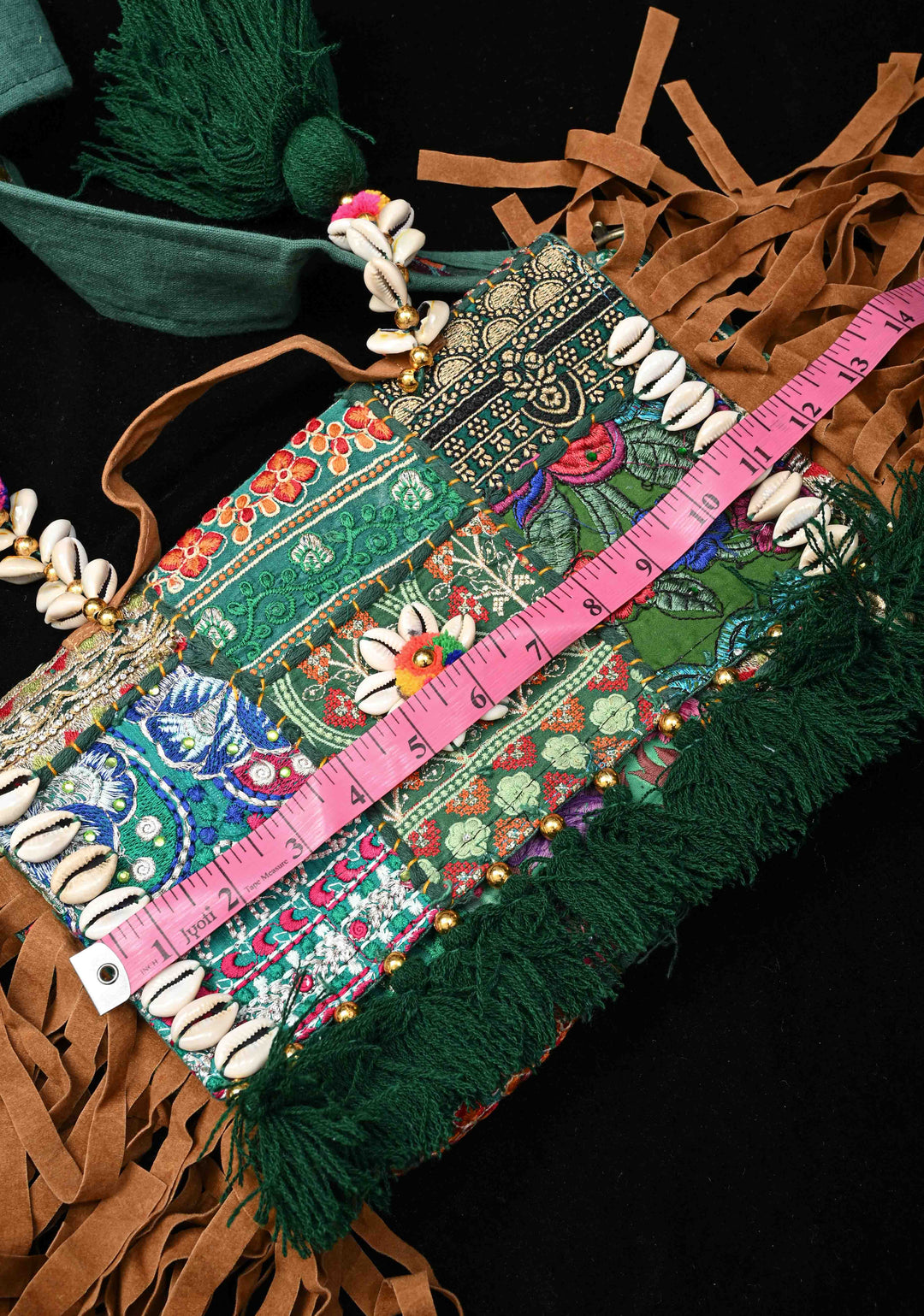 Green Hand-Embraided Ethnic Embellished Banjara Boho Sling Bag with Cowrie Shell