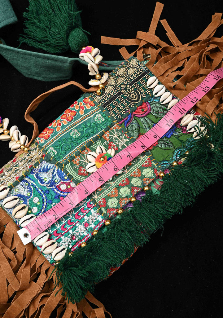 Green Hand-Embraided Ethnic Embellished Banjara Boho Sling Bag with Cowrie Shell
