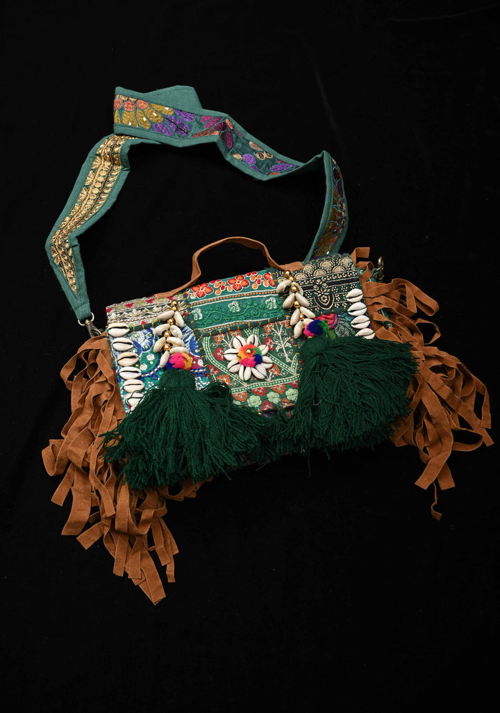 Green Hand-Embraided Ethnic Embellished Banjara Boho Sling Bag with Cowrie Shell