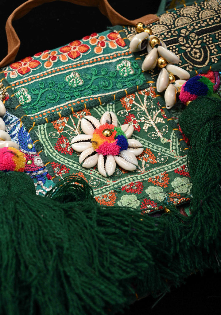 Green Hand-Embraided Ethnic Embellished Banjara Boho Sling Bag with Cowrie Shell