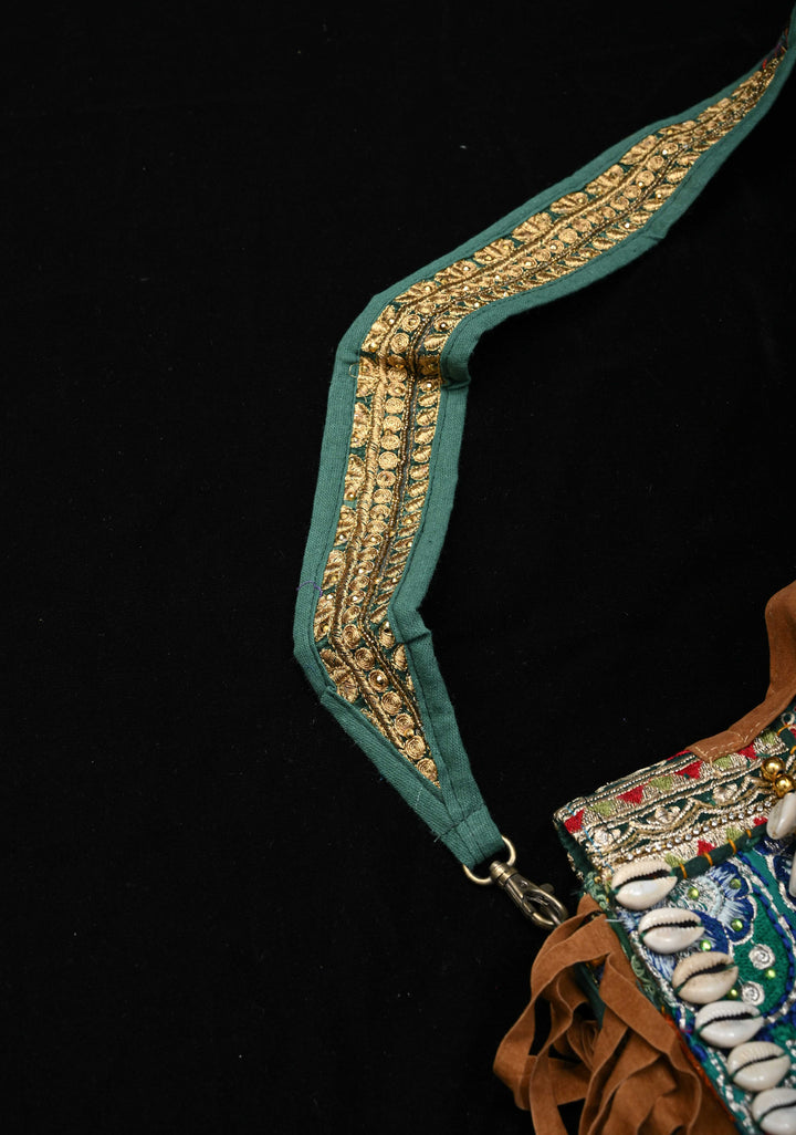 Green Hand-Embraided Ethnic Embellished Banjara Boho Sling Bag with Cowrie Shell
