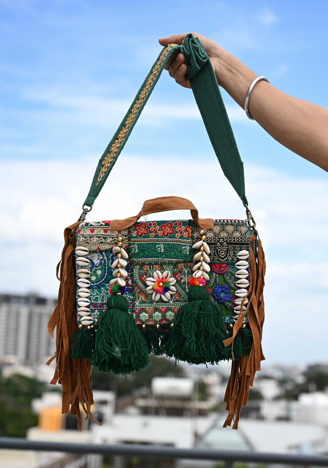 Green Hand-Embraided Ethnic Embellished Banjara Boho Sling Bag with Cowrie Shell