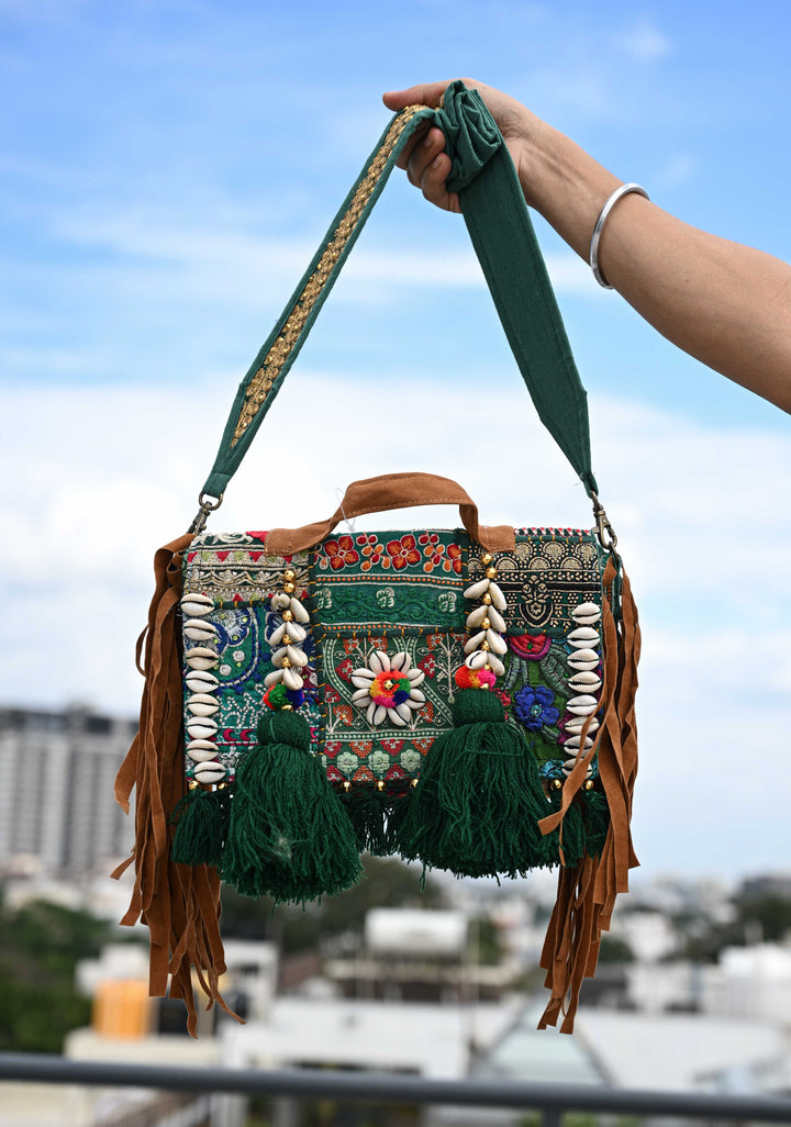 Green Hand-Embraided Ethnic Embellished Banjara Boho Sling Bag with Cowrie Shell