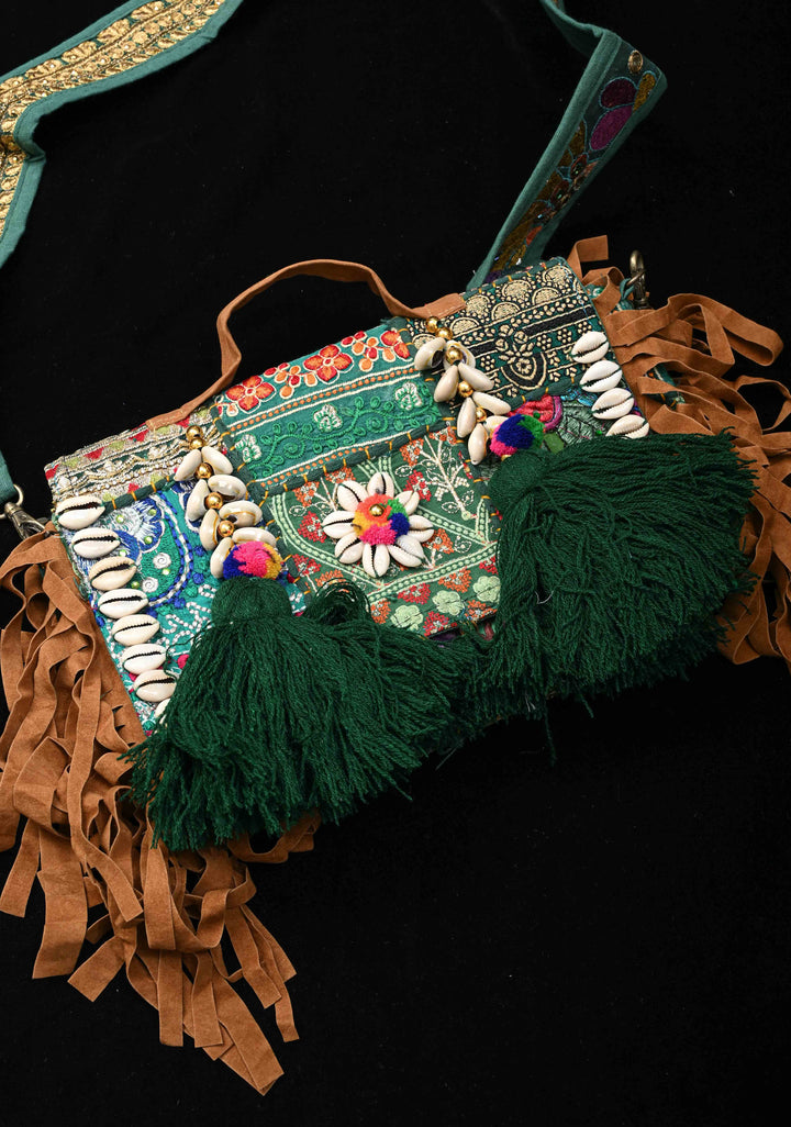 Green Hand-Embraided Ethnic Embellished Banjara Boho Sling Bag with Cowrie Shell
