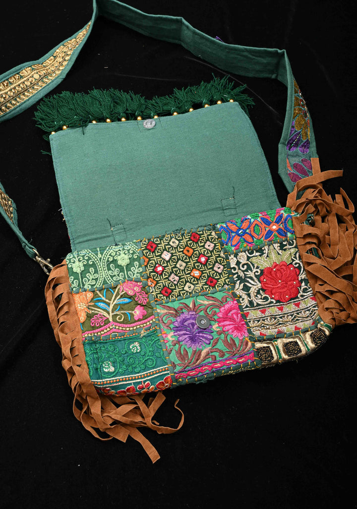 Green Hand-Embraided Ethnic Embellished Banjara Boho Sling Bag with Cowrie Shell