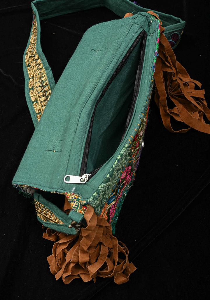 Green Hand-Embraided Ethnic Embellished Banjara Boho Sling Bag with Cowrie Shell