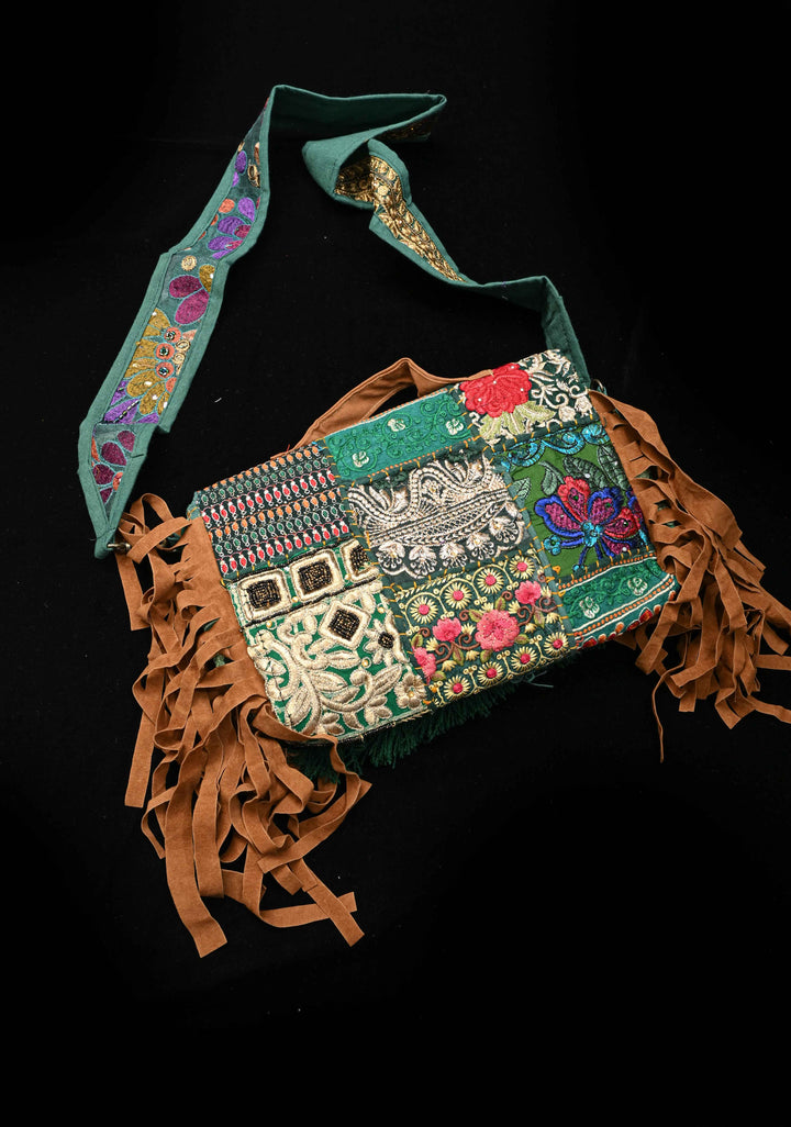 Green Hand-Embraided Ethnic Embellished Banjara Boho Sling Bag with Cowrie Shell