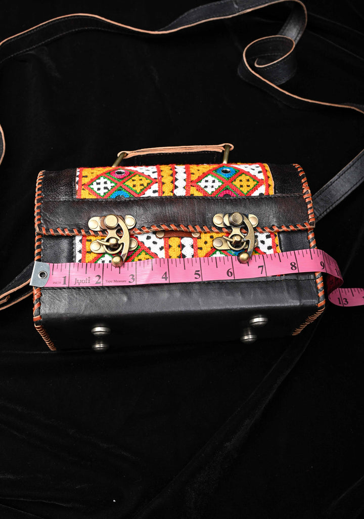 Black Leather Big Hut Sling Bag With Hand-Crafted and Embroidery