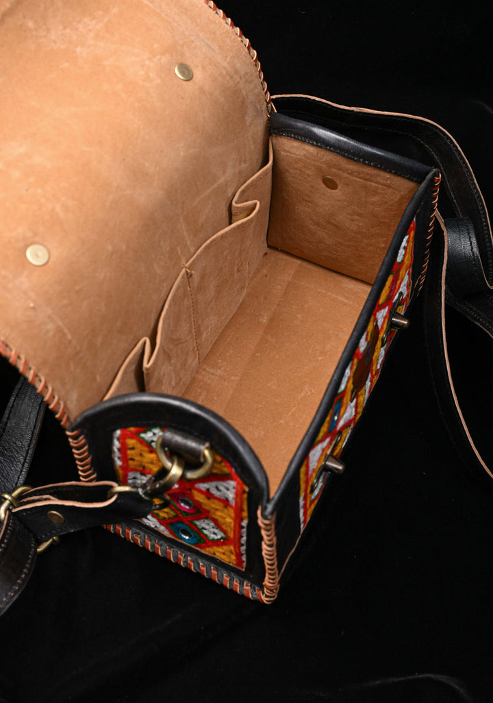 Black Leather Big Hut Sling Bag With Hand-Crafted and Embroidery