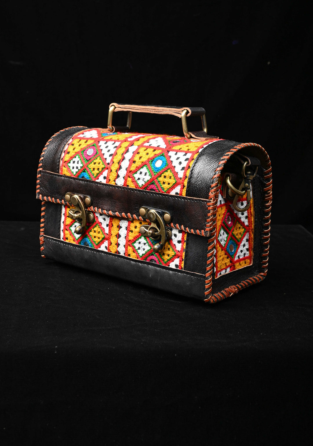Black Leather Big Hut Sling Bag With Hand-Crafted and Embroidery