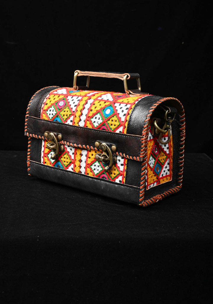 Black Leather Big Hut Sling Bag With Hand-Crafted and Embroidery