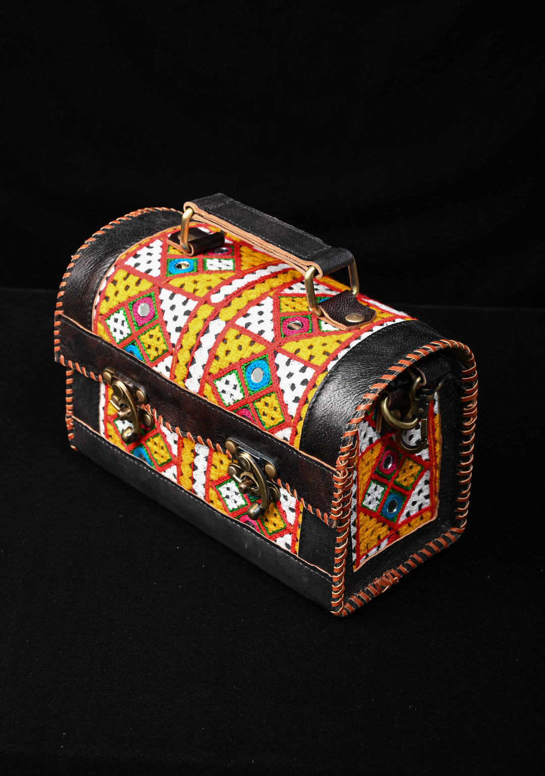 Black Leather Big Hut Sling Bag With Hand-Crafted and Embroidery