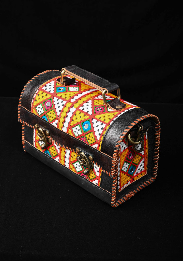 Black Leather Big Hut Sling Bag With Hand-Crafted and Embroidery