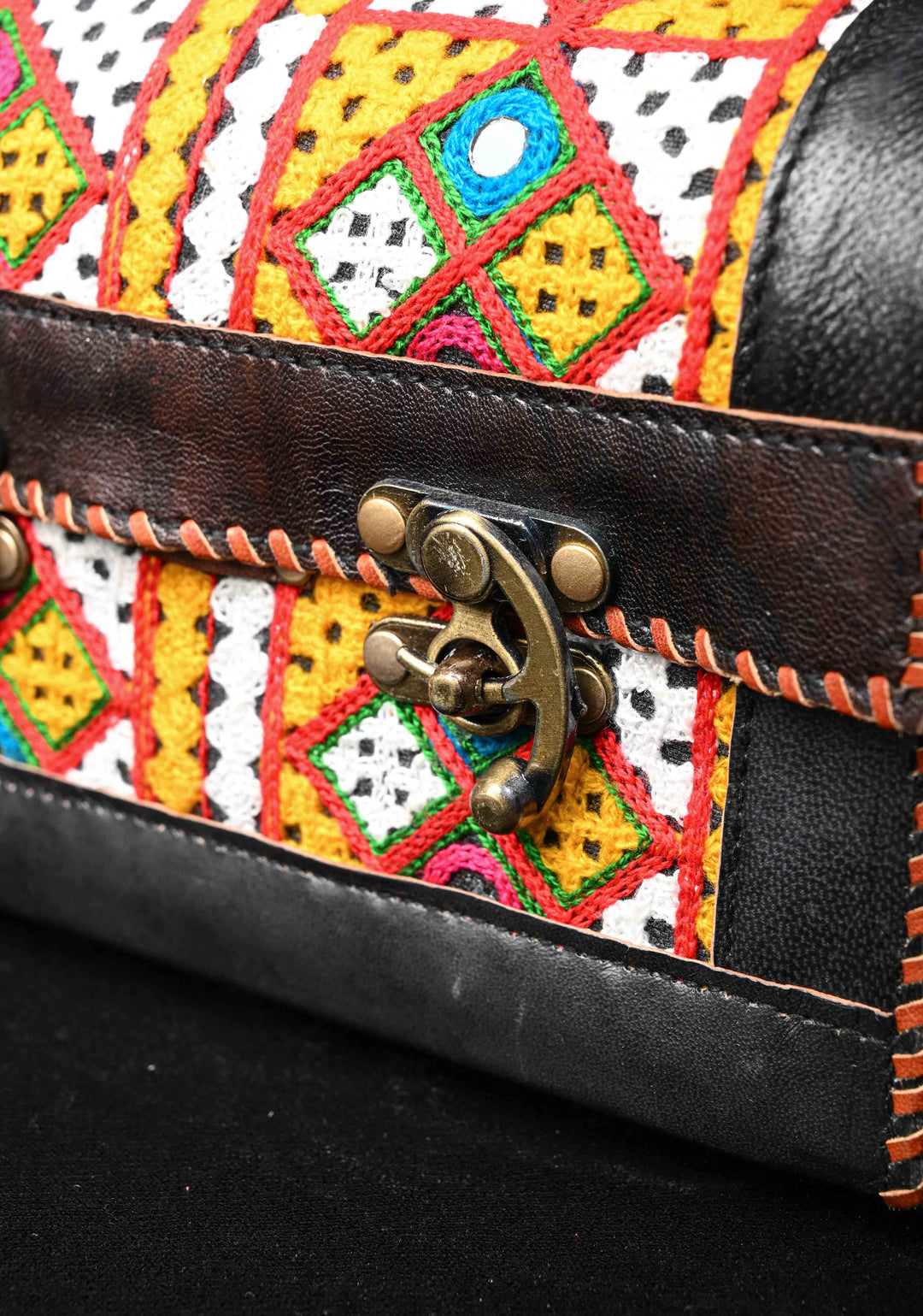 Black Leather Big Hut Sling Bag With Hand-Crafted and Embroidery
