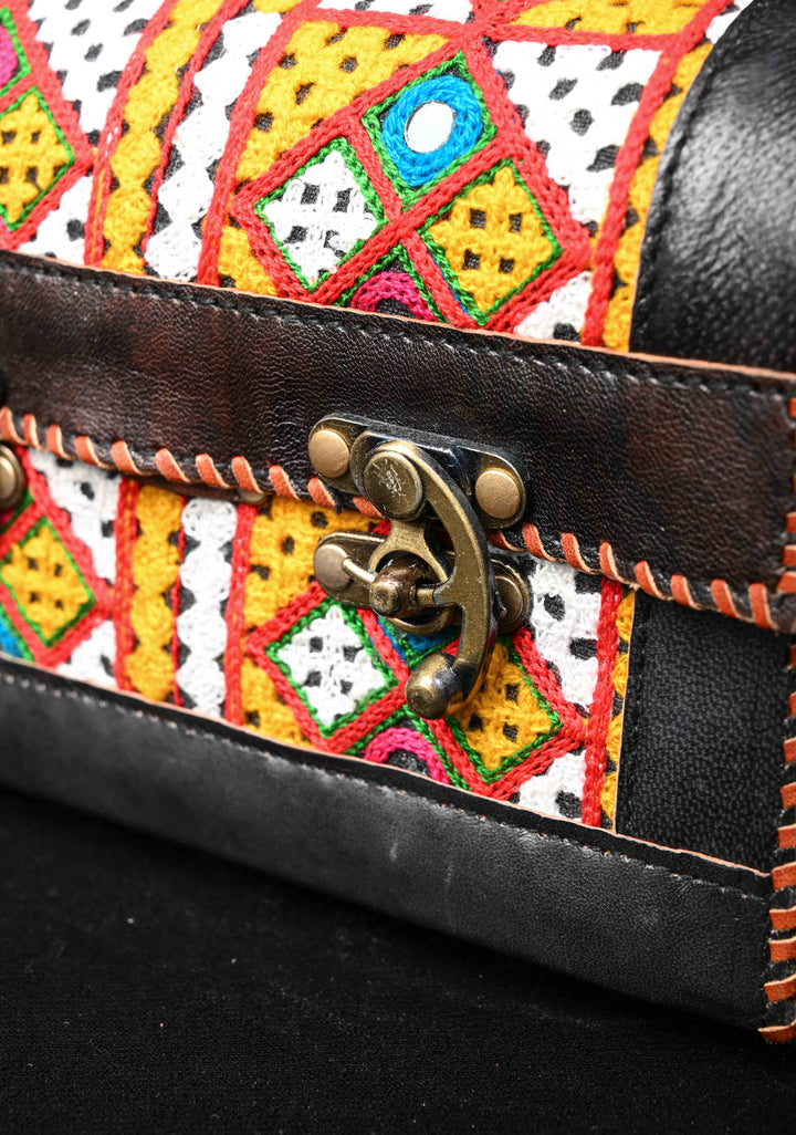 Black Leather Big Hut Sling Bag With Hand-Crafted and Embroidery