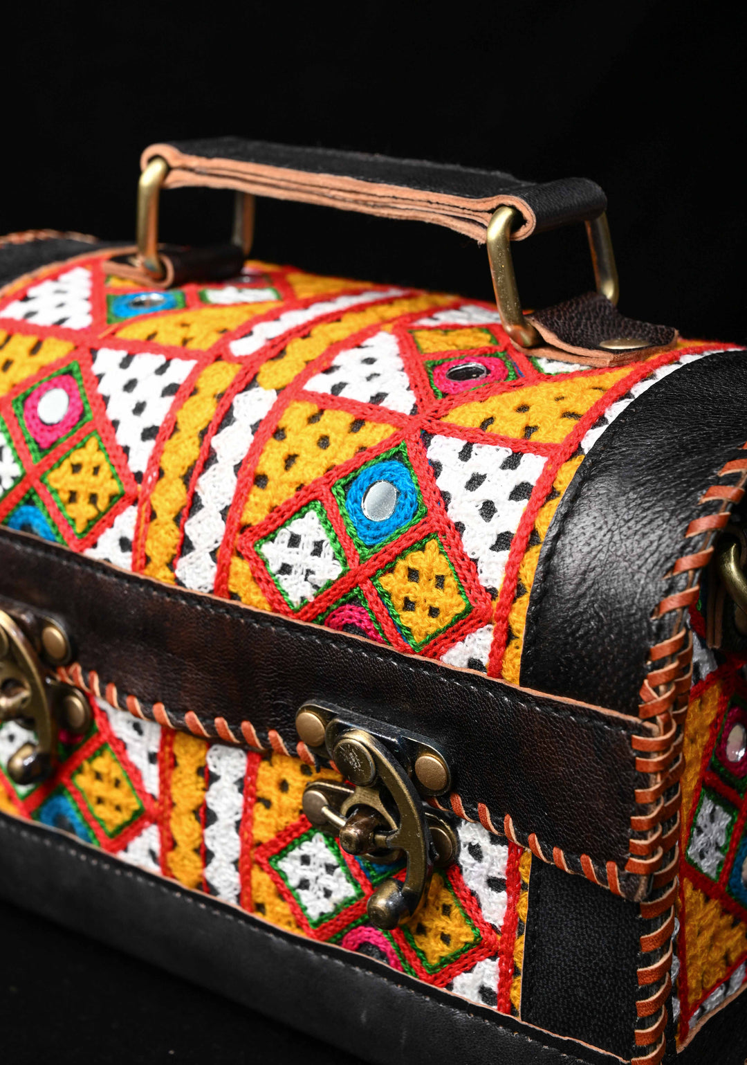 Black Leather Big Hut Sling Bag With Hand-Crafted and Embroidery