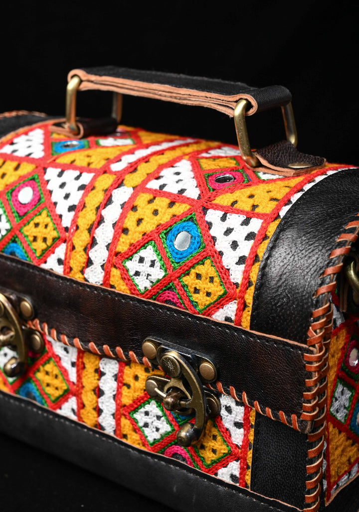 Black Leather Big Hut Sling Bag With Hand-Crafted and Embroidery