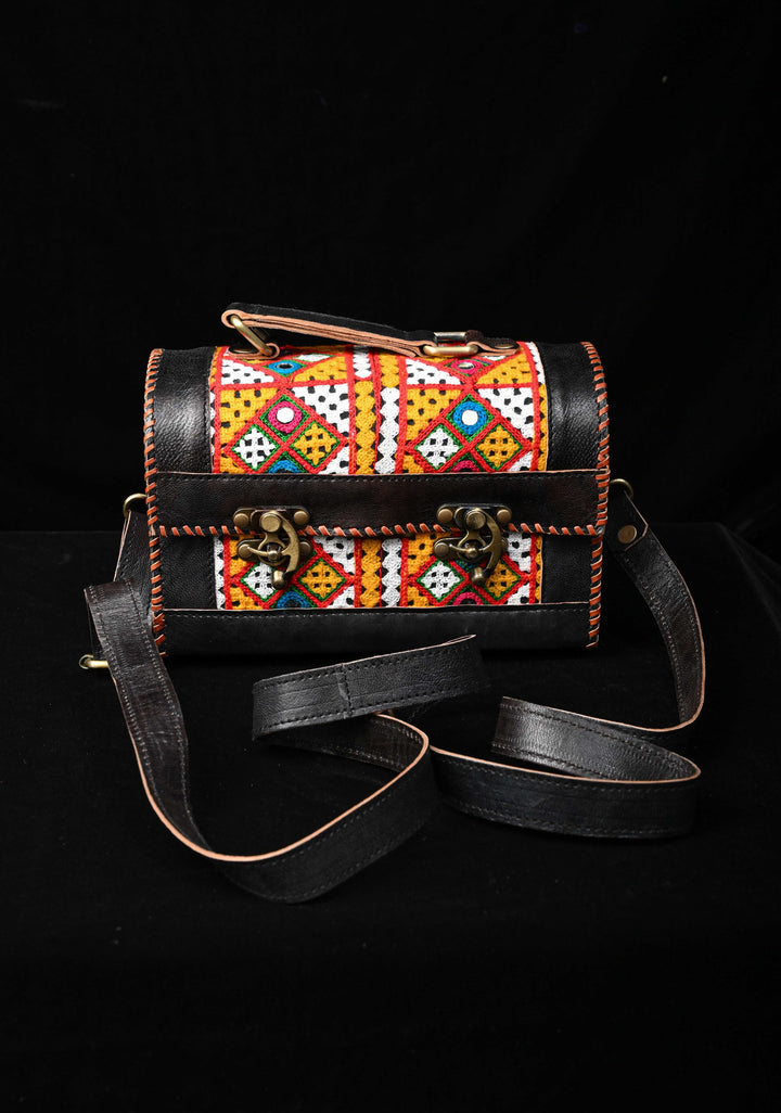 Black Leather Big Hut Sling Bag With Hand-Crafted and Embroidery